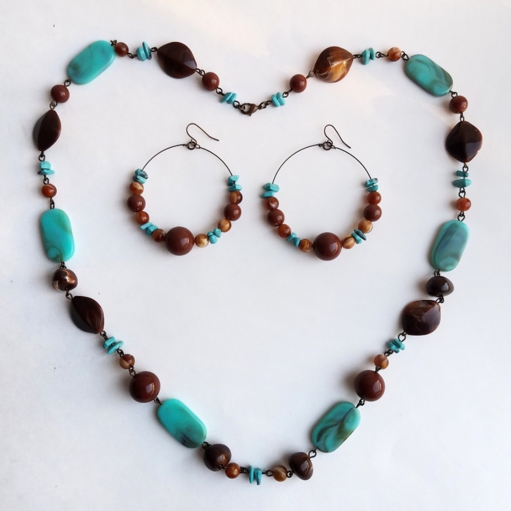 Vintage boho brown turquoise bead necklace earrings set